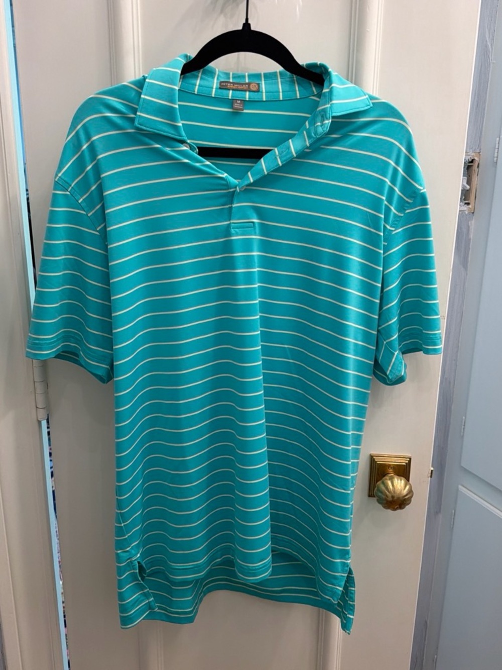 Peter Millar Teal and White Striped Polo